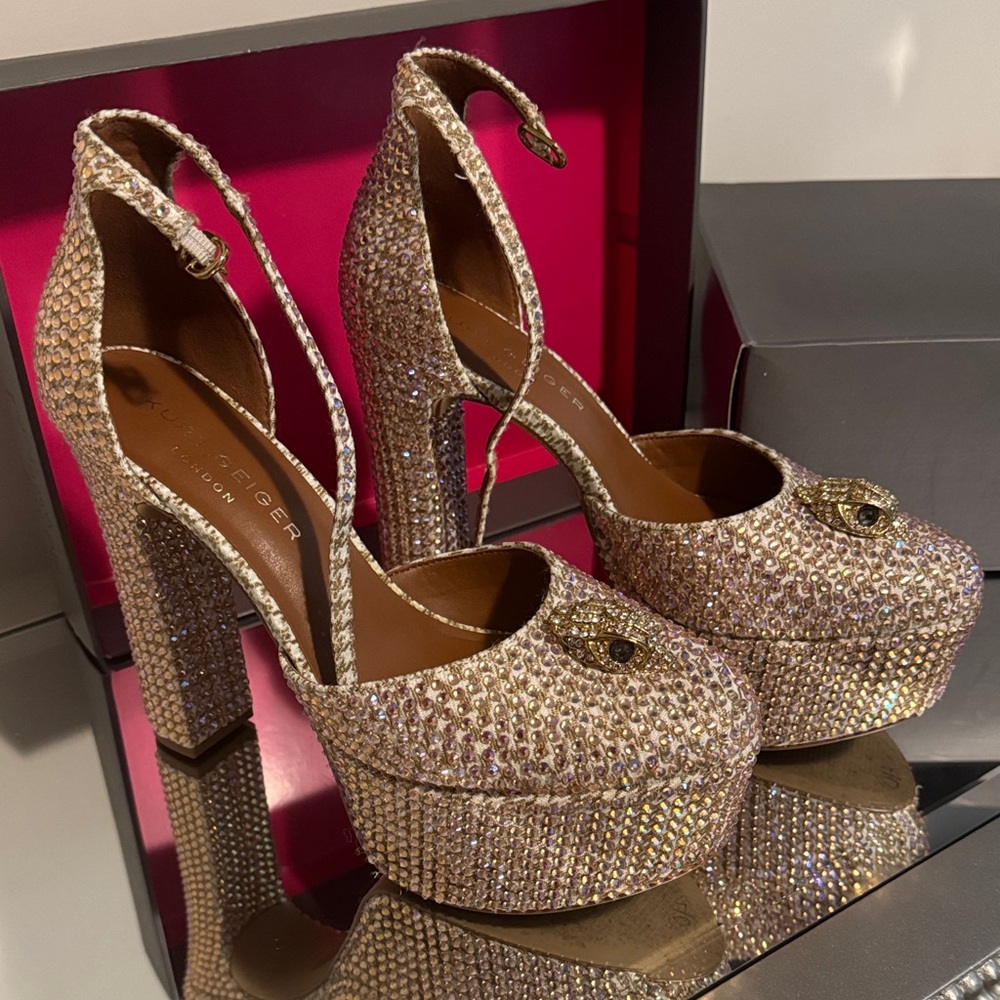 Kurt Geiger Crystal-Encrusted Gold Platform Heels